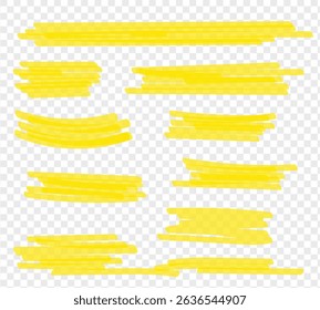 Straight marker line vector strokes. Yellow hand drawn stripes. Text highlighter pen, marker, brush, underlines strokes set. Rough grunge thick paint line texture. Vector sketch rectangle text boxes