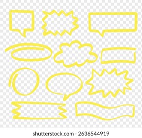 Straight marker line vector strokes. Yellow hand drawn stripes. Text highlighter pen, marker, brush, underlines strokes set. Rough grunge thick paint line texture. Vector sketch rectangle text boxes