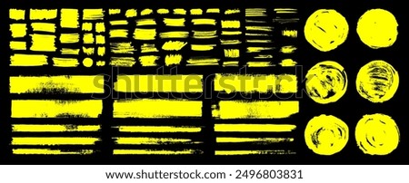 Straight marker line vector strokes. Yellow hand drawn stripes, circles. Text highlighter pen marker, brush, underlines strokes. Rough grunge thick paint line texture. Vector grungy sketch text boxes