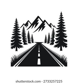 Straight Mountain Road Adventure Vector, Minimalist Silhouette Illustration of Highway Leading to Peaks through Pine Forest for Travel Logo, Hiking Badge, and Outdoor Branding

