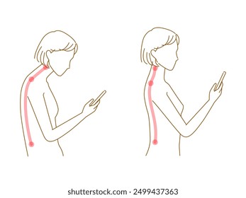 Straight neck (smartphone neck) and good posture woman illustration set