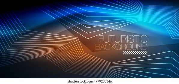 Straight neon lines in dark space, vector techno abstract template