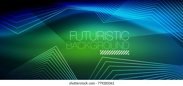 Straight neon lines in dark space, vector techno abstract template