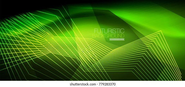 Líneas rectas de neón en el espacio oscuro, plantilla abstracta de vector techno