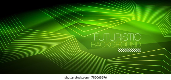 Straight neon lines in dark space, vector techno abstract template