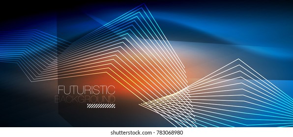 Straight neon lines in dark space, vector techno abstract template