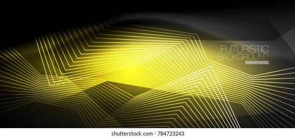 Straight neon lines in dark space, vector techno abstract template