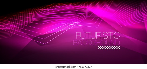 Straight neon lines in dark space, vector techno abstract template
