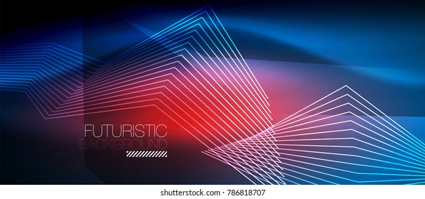Straight neon lines in dark space, vector techno abstract template