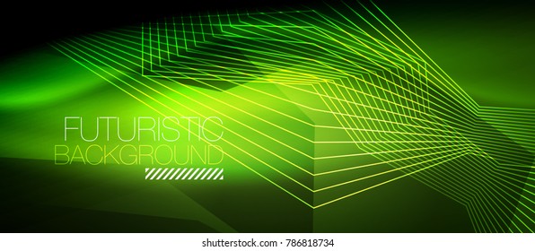 Straight neon lines in dark space, vector techno abstract template