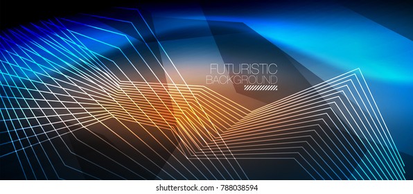 Straight neon lines in dark space, vector techno abstract template