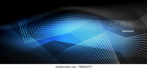 Straight neon lines in dark space, vector techno abstract template