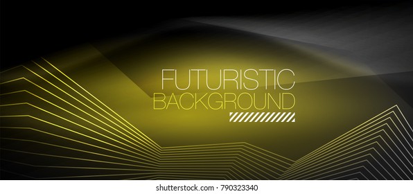 Straight neon lines in dark space, vector techno abstract template