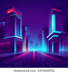 Straight neon road through the city. Night futuristic cyberpunk street in downtown.