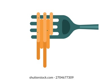 Fideos rectos enrollados en tenedor, ilustración plana simple.