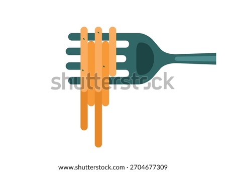 Straight noodle rolled on fork, simple flat illustration.