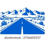 Straight open road, desert horizon, mountain range view, stylized retro art, travel illustration, vintage graphic, road trip concept, arid land
