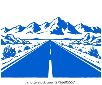 Straight open road, desert horizon, mountain range view, stylized retro art, travel illustration, vintage graphic, road trip concept, arid land