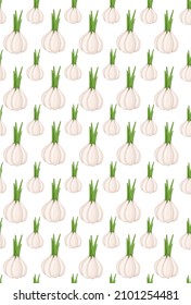 Straight pattern with onions or garlic on a white background.  Garlic cartoon vector illustration.  Garlic background.