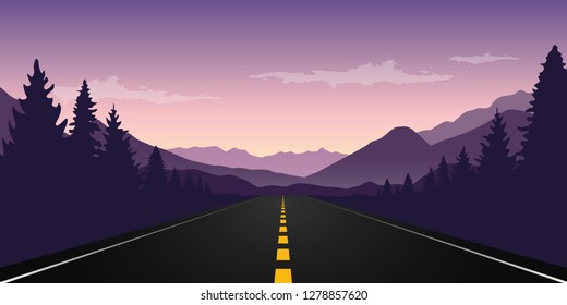 straight paved road with forest and mountain landscape at dawn vector illustration EPS10