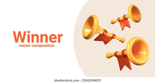 Straight pipe, bugle for winning, welcoming concepts. Yellow musical instrument