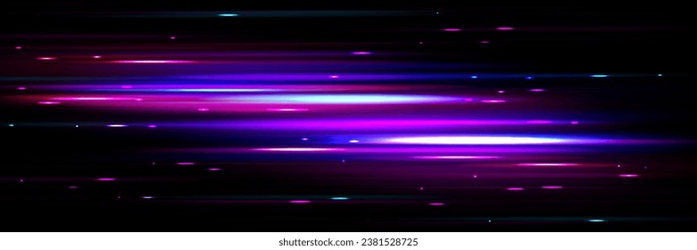 Straight purple streaks with blur and glow effect caused by lights moving at high speed. Realistic vector illustration of neon luminance of bright energy fast dynamic movement on black background.