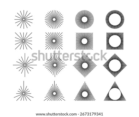 Straight radial lines in circular, square, rhombus and triangle shapes. Sun rays icons. Solar signs. Radiance, explosion or firework symbols isolated on white background. Vector graphic illustration.
