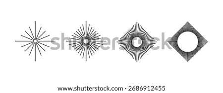 Straight radial lines in rhombus shapes. Set of dimond shaped sunburst icons. Solar signs. Radiance, spin, explosion or firework symbols isolated on white background. Vector graphic illustration.
