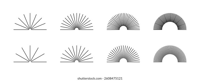 Straight radial lines in semicircle shapes. Set of sun rays icons isolated on white background. Sunrice or sunset signs. Radiance, explosion or firework symbols. Vector graphic illustration.