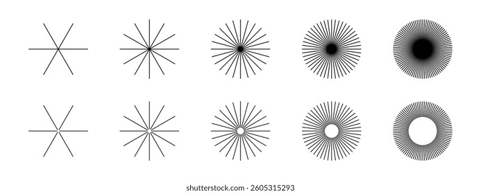 Straight radial lines. Set of sun rays symbols isolated on white background. Sunburst, sunrise or sunset signs. Radiance, explosion or firework icons. Vector graphic illustration.