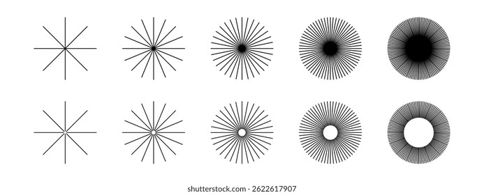 Straight radial lines. Set of sun rays icons isolated on white background. Radiance, boom, explosion or firework symbols. Twinkle or sparkle signs. Vector graphic illustration.
