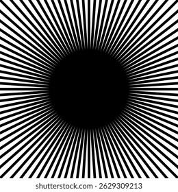Straight radial lines in square shape. Black sun rays isolated on white background. Print with hypnotic effect. Sunburst sign. Radiance, explosion or firework design. Vector graphic illustration.
