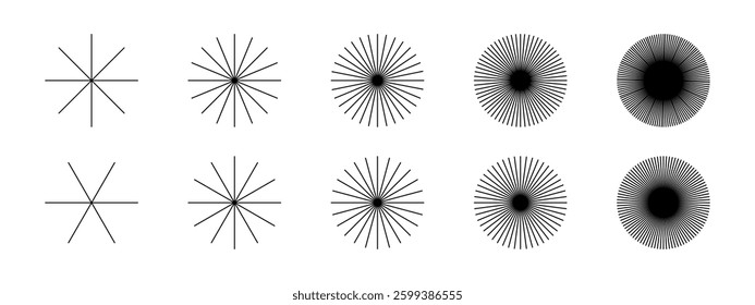 Straight radial lines. Sun rays pictograms. Set of sunburst or sunbeam icons isolated on white background. Radiance, explosion or firework symbols. Vector graphic illustration.