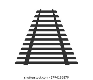 Straight rail road part in perspective isolated on white background. Black railway silhouette fading into distance. Vector graphic illustration.