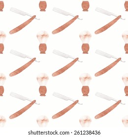 Straight razor and barber brush. Seamless watercolor pattern on the white background, aquarelle. Vector illustration. Hand-drawn original background for barber shop. Useful for design.