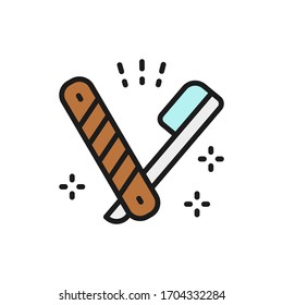 Straight razor, barber knife flat color line icon.