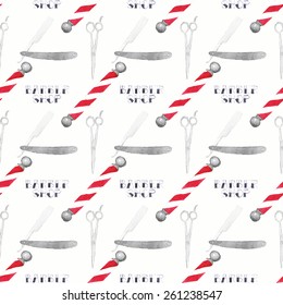 Straight razor, barber pole and scissors. Seamless watercolor pattern on the white background, aquarelle. Vector illustration. Hand-drawn original background for barber shop. Useful for design.