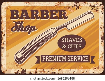 Straight razor blade metal rusty plate. Barber shop vector vintage poster with grunge background. Gentleman and hipster barbershop service salon, equipment shaving razor blade
