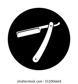 Straight razor circle icon. Black, round, minimalist icon isolated on white background. Straight razor simple silhouette. Web site page and mobile app design vector element.