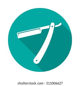 Straight razor circle icon with long shadow. Flat design style. Straight razor simple silhouette. Modern, minimalist, round icon in stylish colors. Web site page and mobile app design vector element.