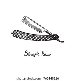 Straight razor, hand drawn doodle sketch with inscription, isolated vector illustration