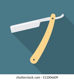Straight razor icon with long shadow. Flat design style. Straight razor simple silhouette. Modern, minimalist icon in stylish colors. Web site page and mobile app design vector element.