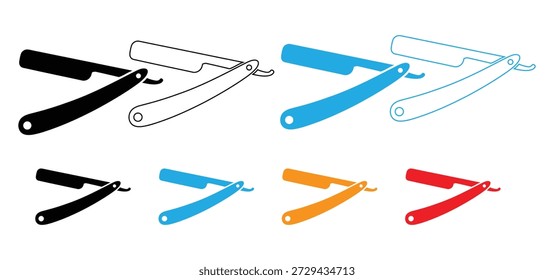 Colección recta del icono de la maquinilla de afeitar en estilo plano y del contorno para el diseño de la barbería, icono plano de la maquinilla de afeitar recta de la barbería y diseño del Vector en el fondo blanco