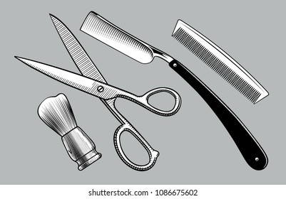 Straight razor, scissors, brush stand and comb. Barbershop tools. Vintage stylized drawing. Vector illustration