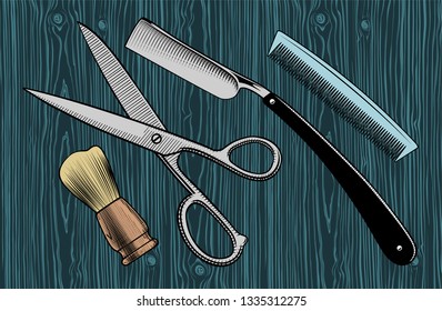 Straight razor, scissors, brush stand and comb. Barbershop tools. Vintage stylized drawing. Vector illustration