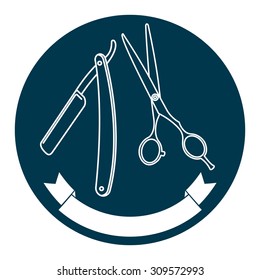 Straight razor, scissors and ribbon. Minimalistic barber shop logo template.