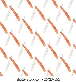 Straight razor. Seamless watercolor pattern with razors on the white background, aquarelle. Vector illustration. Hand-drawn decorative element. Real watercolor painting