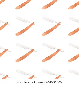 Straight razor. Seamless watercolor pattern with razors on the white background, aquarelle. Vector illustration. Hand-drawn decorative element. Real watercolor painting