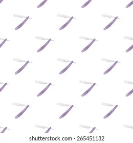 Straight razor. Seamless watercolor pattern with razors on the white background, aquarelle. Vector illustration. Hand-drawn decorative element. Real watercolor painting