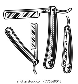 Straight razor set of three styles vector detailed monochrome illustration isolated on white background